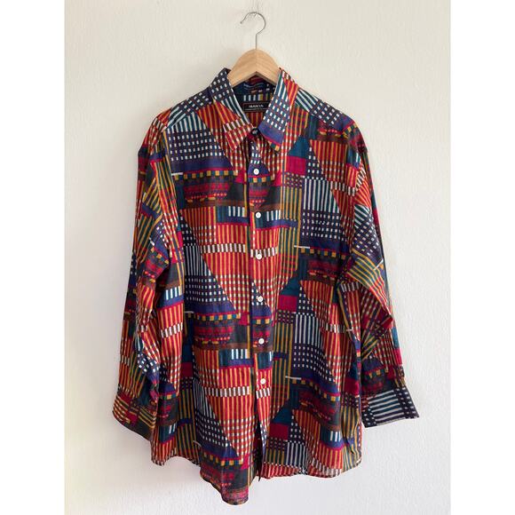 VINTAGE | Marcus by Neiman Marcus Linen Blend Abstract Pattern Button-Down Shirt - Picture 2 of 16